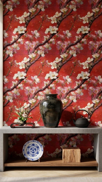Floral Blossoms Wallpaper Cherry Blossom Branches Removable Red Background Wall Double Roll