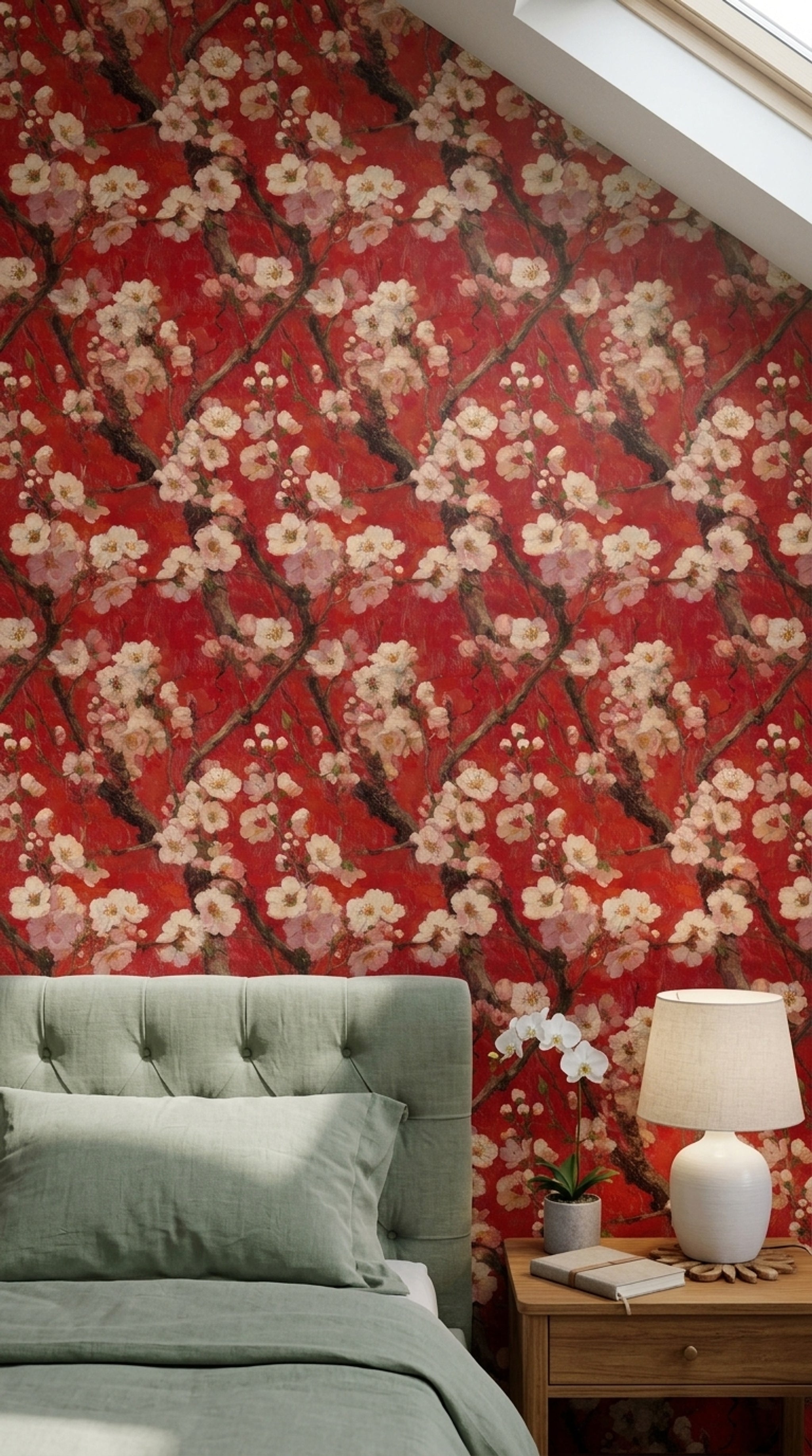Cherry Blossom Wallpaper Red Background Japanese Inspired Removable Wall Decor