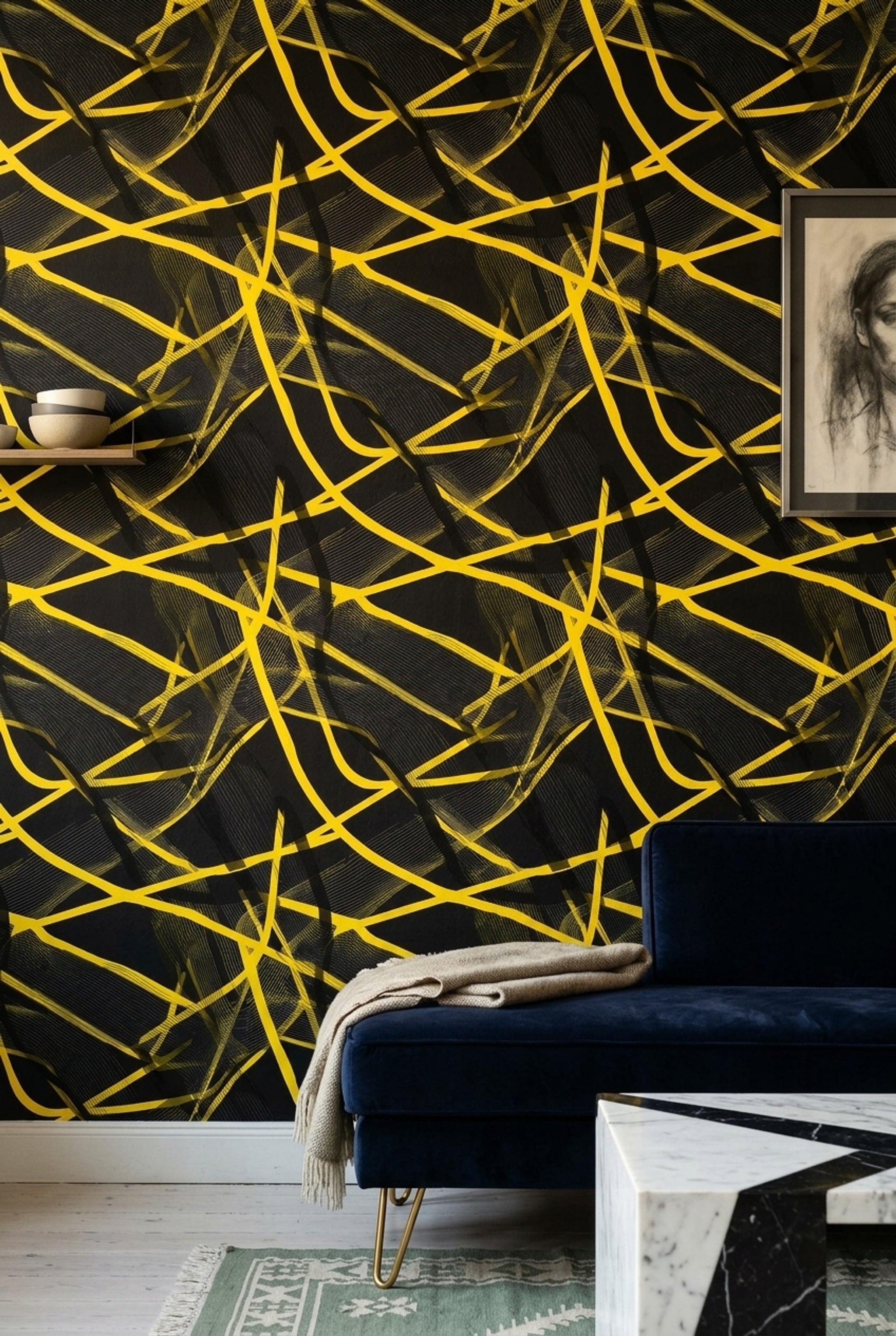 Dark Abstract Wallpaper Black Background Removable Yellow Linework Wall Double Roll