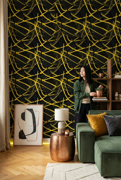 Dark Abstract Wallpaper Black Background Removable Yellow Linework Wall Double Roll