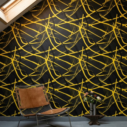 Dark Abstract Wallpaper Black Background Removable Yellow Linework Wall Double Roll