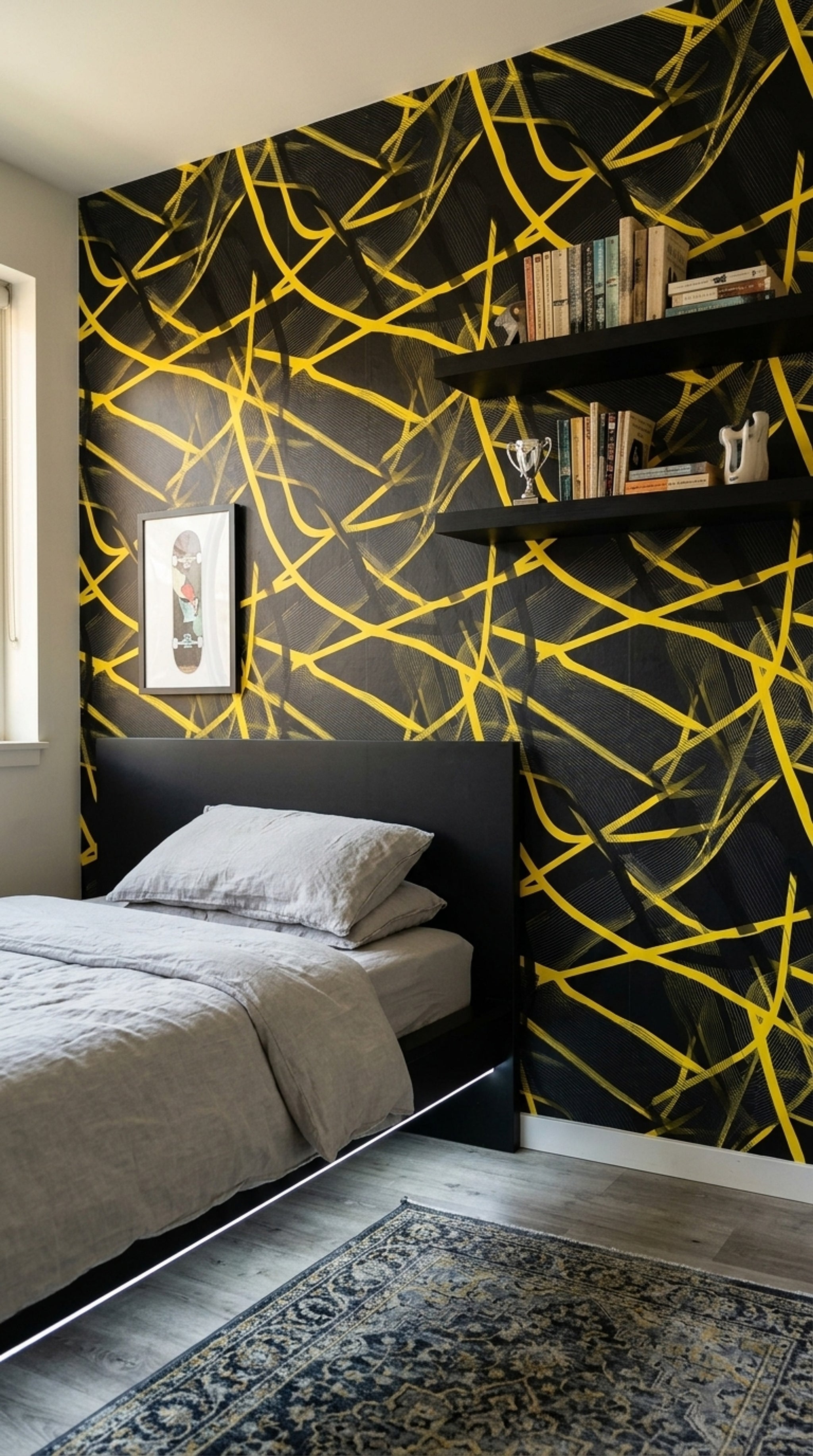 Dark Abstract Wallpaper Black Background Removable Yellow Linework Wall Double Roll