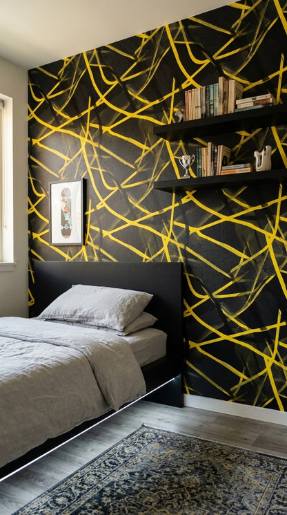 Dark Abstract Wallpaper Black Background Removable Yellow Linework Wall Double Roll