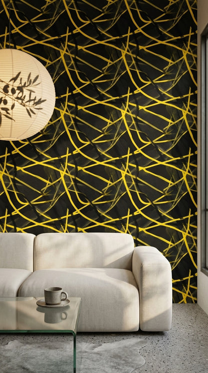 Dark Abstract Wallpaper Black Background Removable Yellow Linework Wall Double Roll