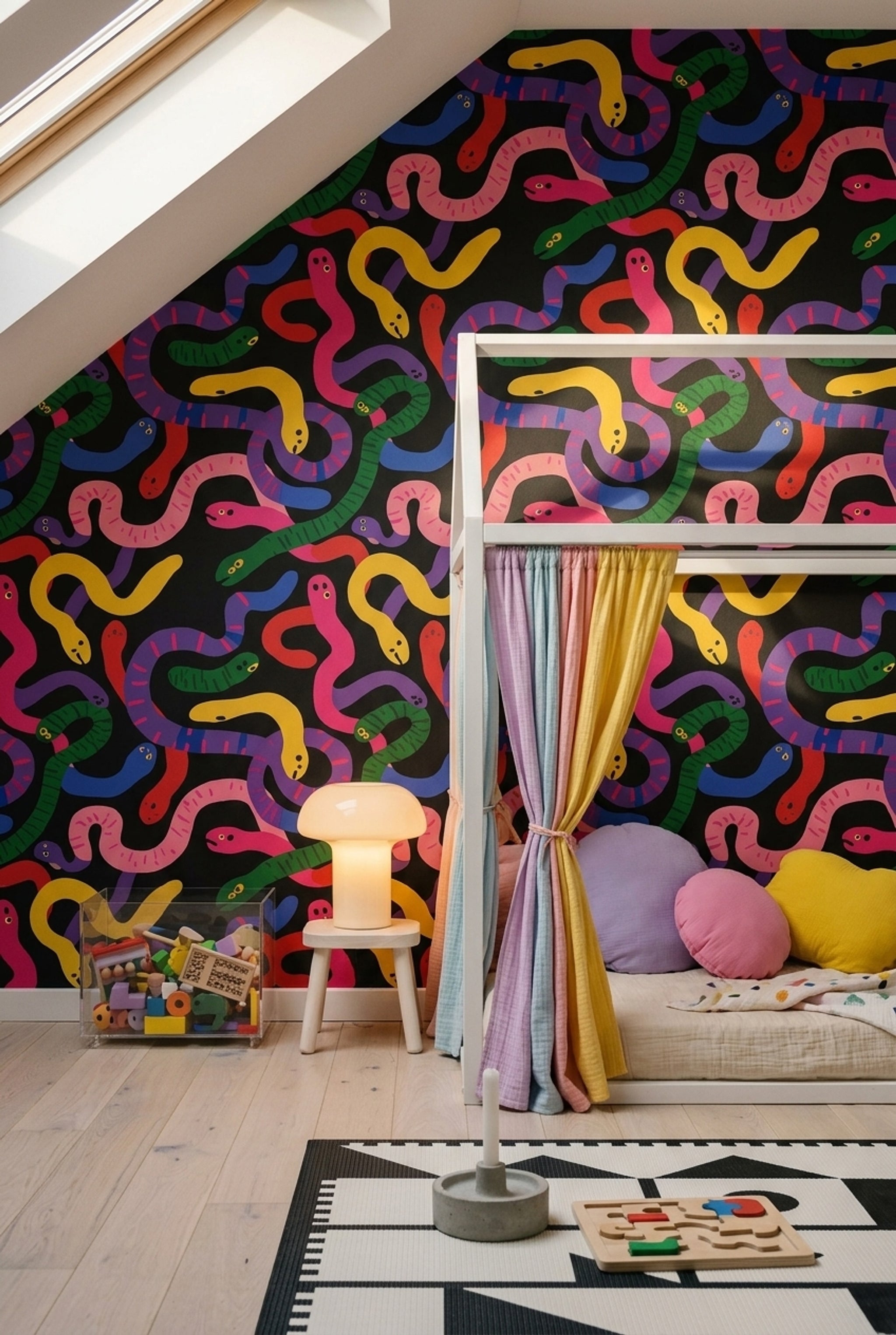 Colorful Snakes Wallpaper Black Background Whimsical Removable Wall Decor