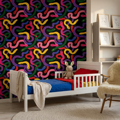 Colorful Snakes Wallpaper Black Background Whimsical Removable Wall Decor