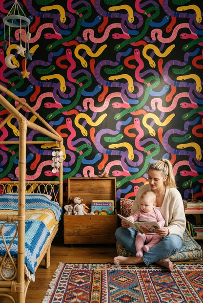 Colorful Snakes Wallpaper Black Background Whimsical Removable Wall Decor