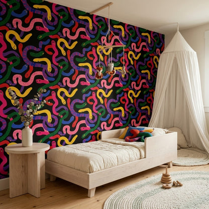Colorful Snakes Wallpaper Black Background Whimsical Removable Wall Decor