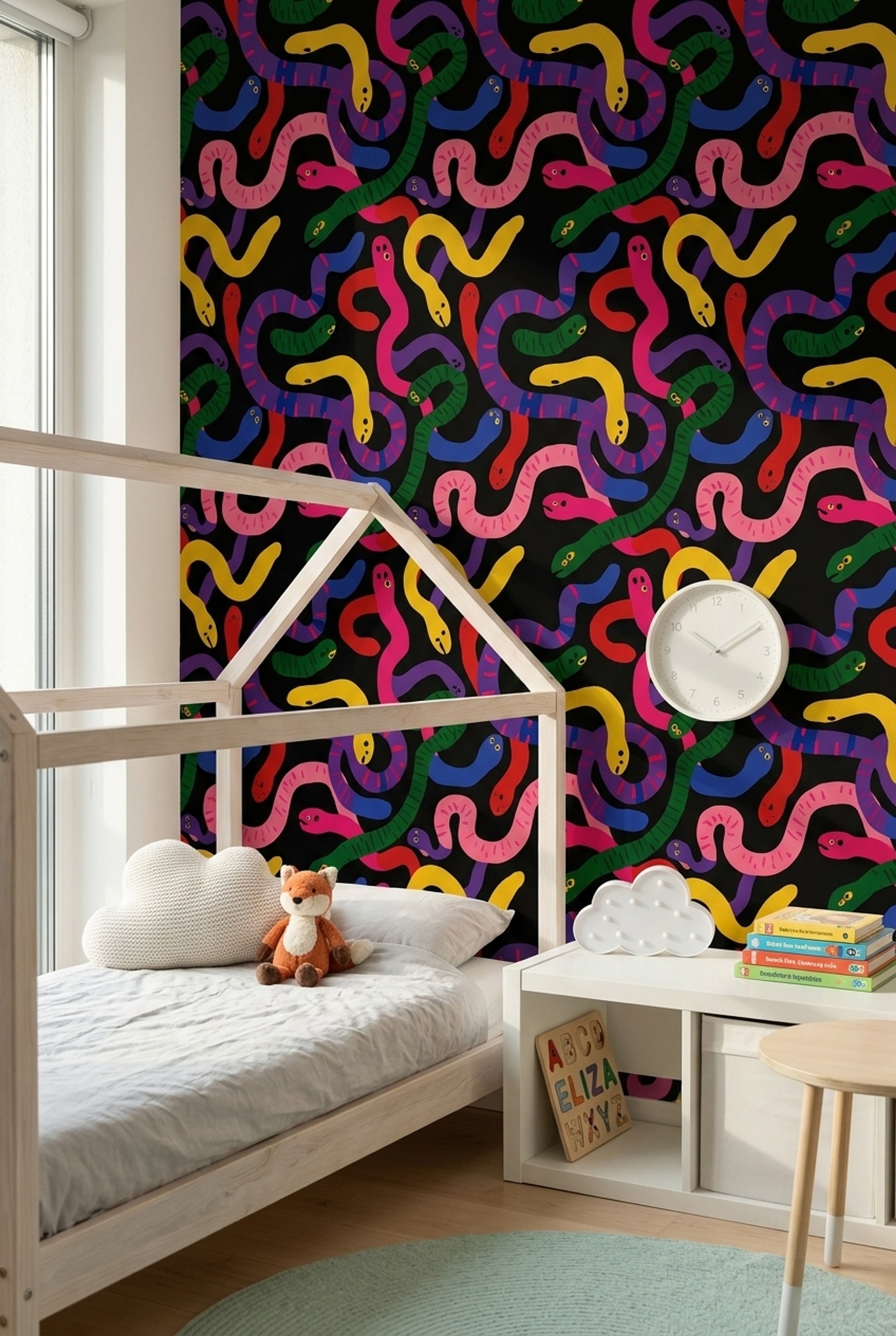 Colorful Snakes Wallpaper Black Background Whimsical Removable Wall Decor