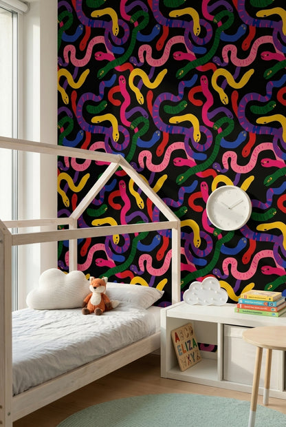 Colorful Snakes Wallpaper Black Background Whimsical Removable Wall Decor