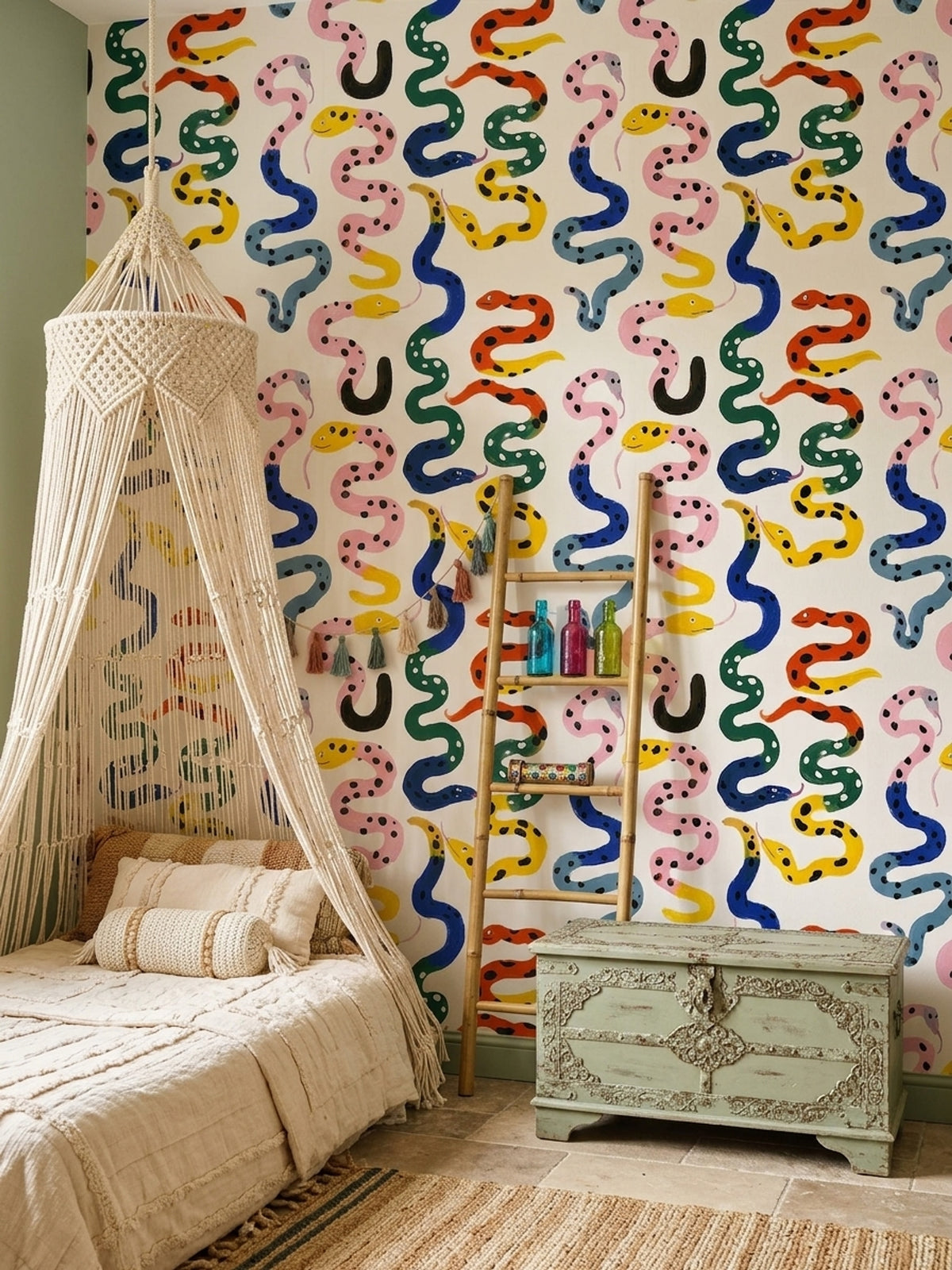 Colorful Snakes Wallpaper Whimsical Animal Pattern Abstract Spotted Serpents Removable Wall Decor