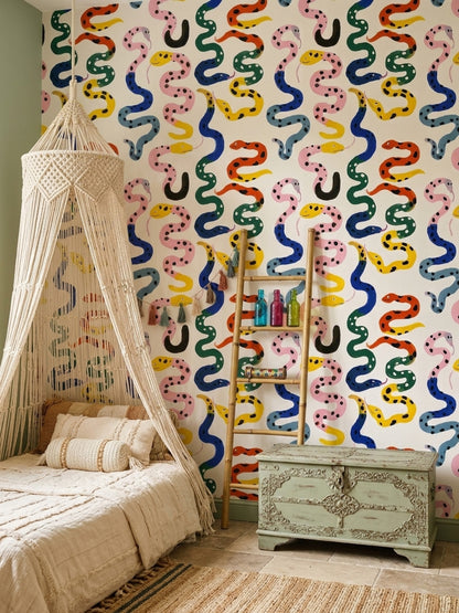 Colorful Snakes Wallpaper Whimsical Animal Pattern Abstract Spotted Serpents Removable Wall Decor