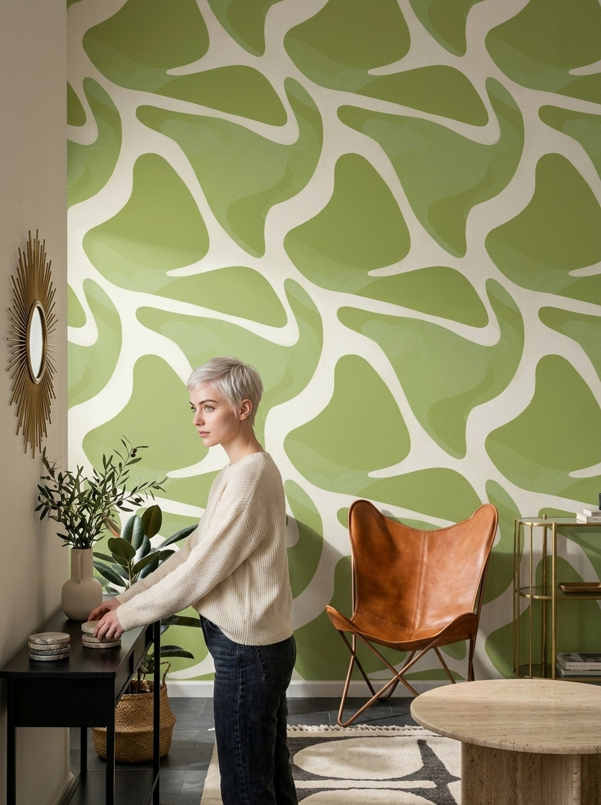 Organic Shapes Wallpaper Abstract Removable Green Wall Double Roll