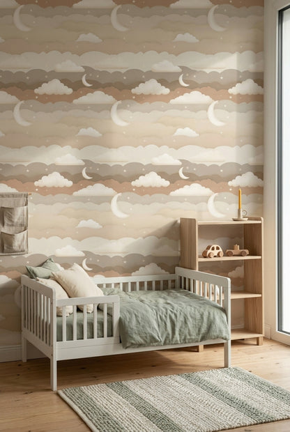 Night Sky Wallpaper Crescent Moon Layered Clouds Removable Wall Decor