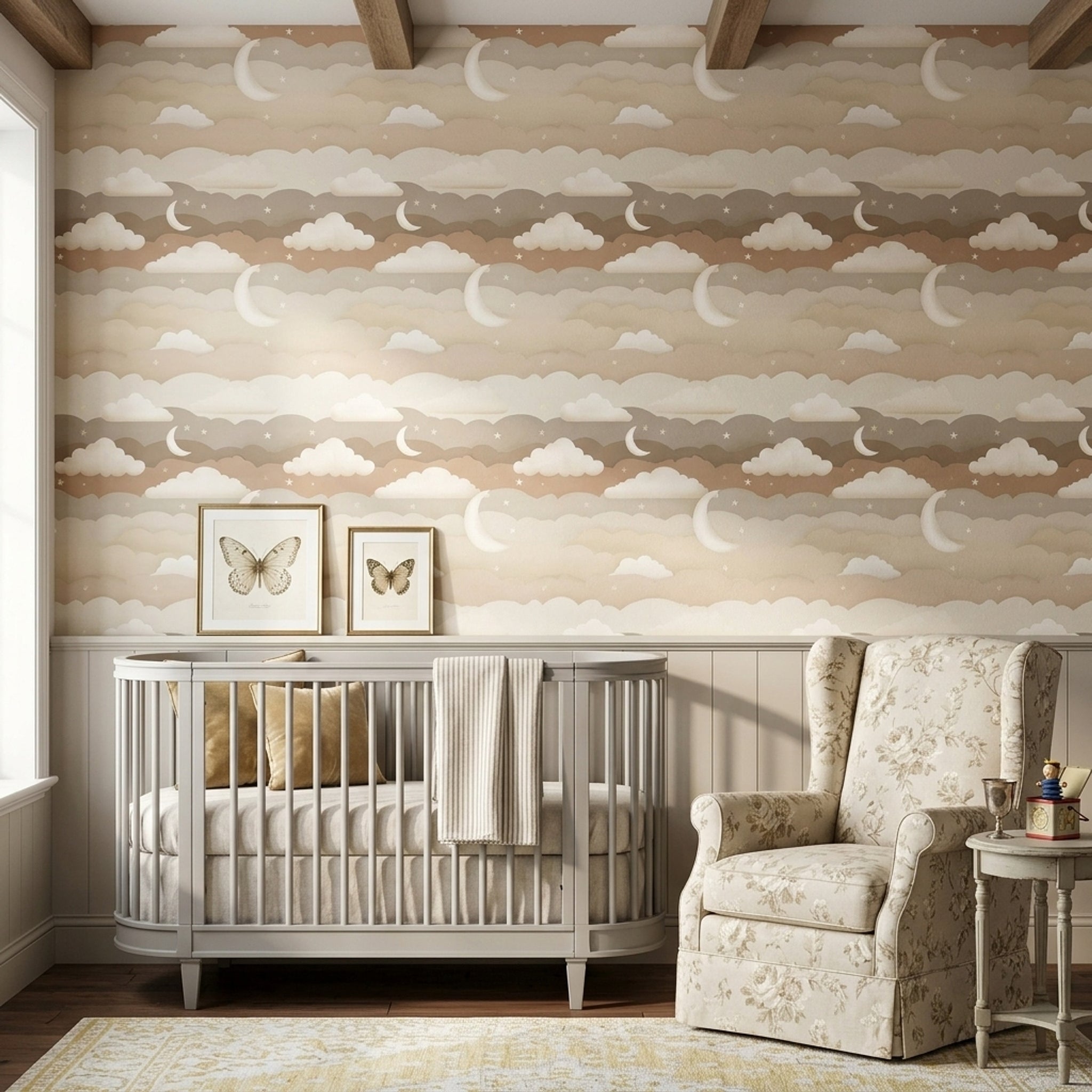 Night Sky Wallpaper Crescent Moon Layered Clouds Removable Wall Decor