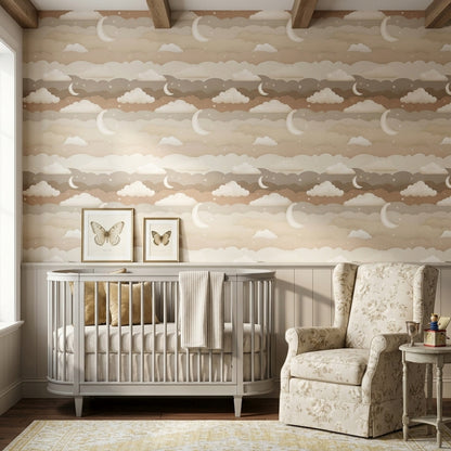 Night Sky Wallpaper Crescent Moon Layered Clouds Removable Wall Decor
