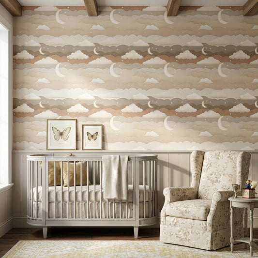 Night Sky Wallpaper Crescent Moon Layered Clouds Removable Wall Decor