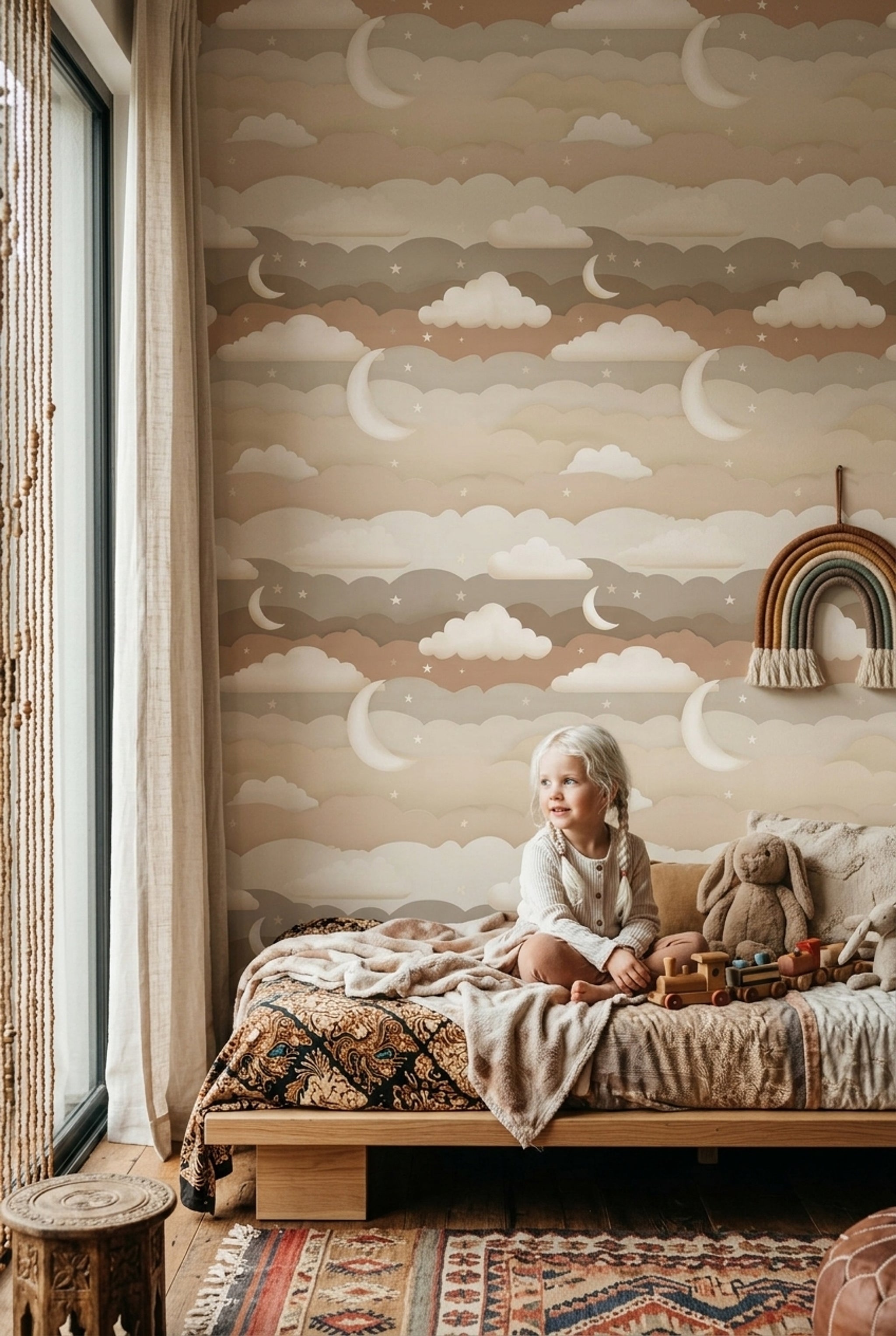 Night Sky Wallpaper Crescent Moon Layered Clouds Removable Wall Decor