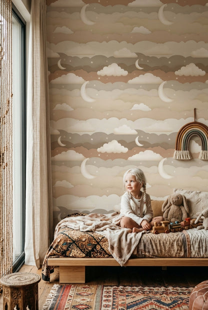 Night Sky Wallpaper Crescent Moon Layered Clouds Removable Wall Decor