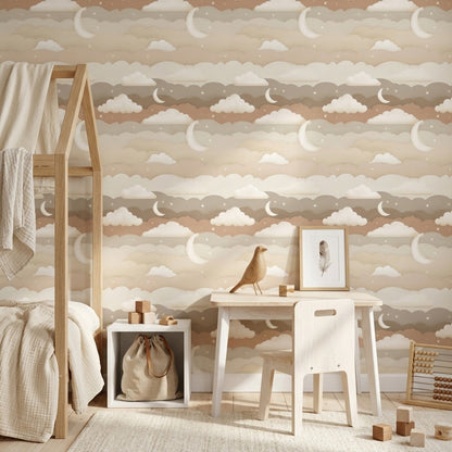 Night Sky Wallpaper Crescent Moon Layered Clouds Removable Wall Decor