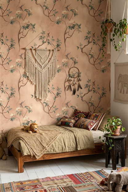 Watercolor Texture Wallpaper Pastel Floral Removable Bird Branch Wall Double Roll