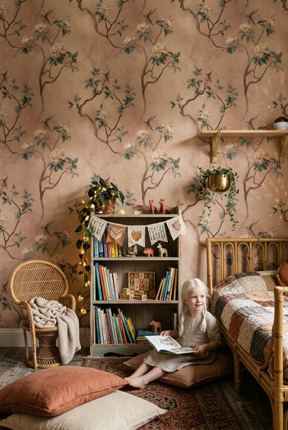 Watercolor Texture Wallpaper Pastel Floral Removable Bird Branch Wall Double Roll