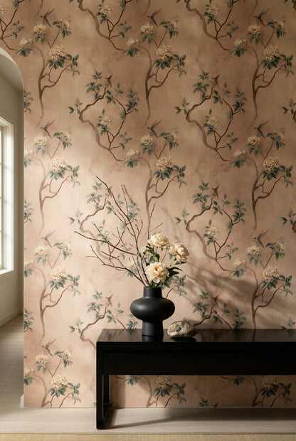Watercolor Texture Wallpaper Pastel Floral Removable Bird Branch Wall Double Roll