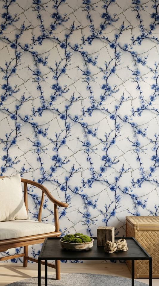 Blue Floral Wallpaper Cherry Blossoms Watercolor Removable Wall Decor