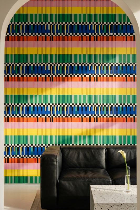 Abstract Geometric Wallpaper Color Block Checkered Border Decorative Mural