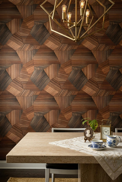 Dark Wood Wallpaper Geometric Mosaic Removable Abstract Panels Wall Double Roll