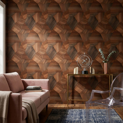 Dark Wood Wallpaper Geometric Mosaic Removable Abstract Panels Wall Double Roll