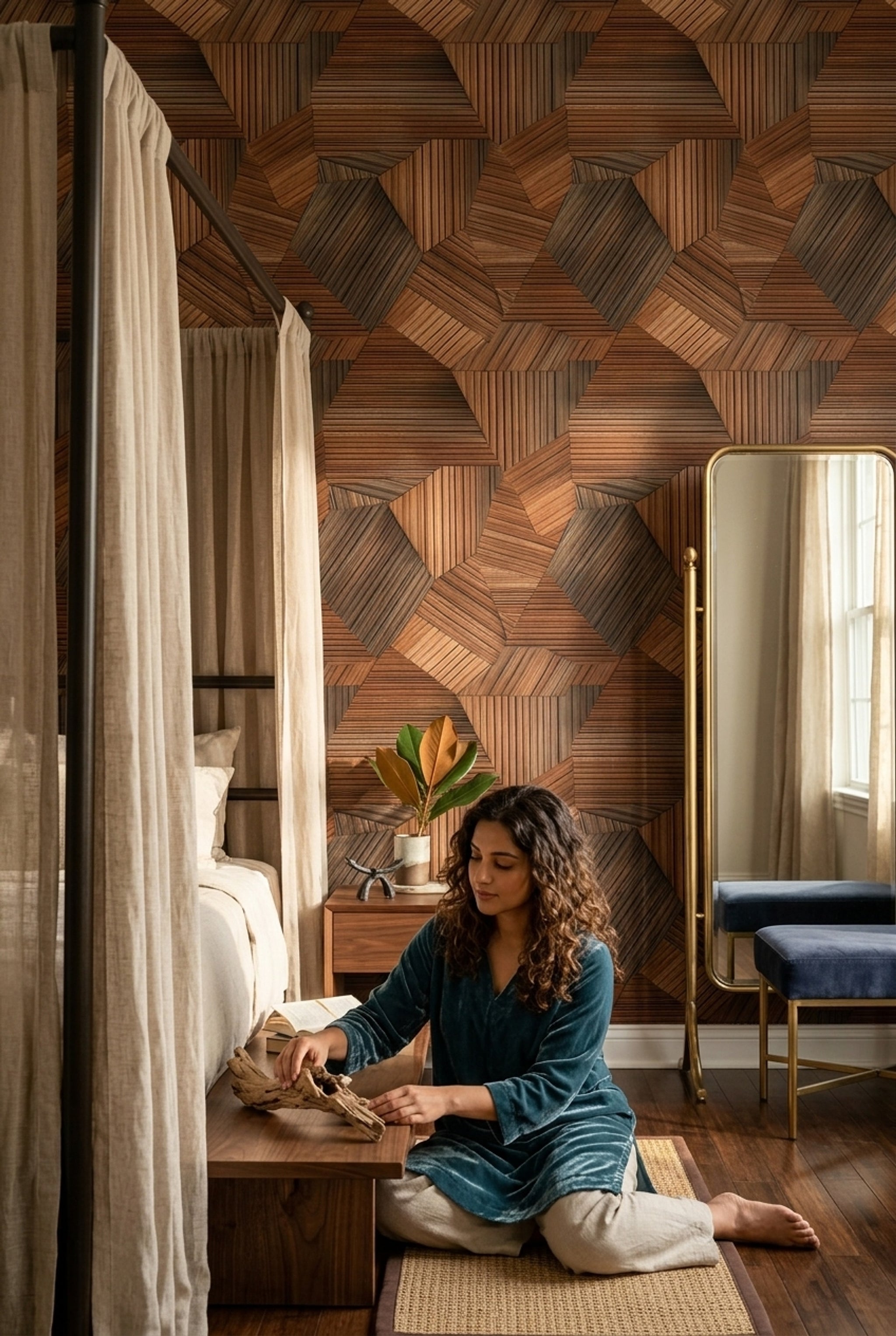 Dark Wood Wallpaper Geometric Mosaic Removable Abstract Panels Wall Double Roll