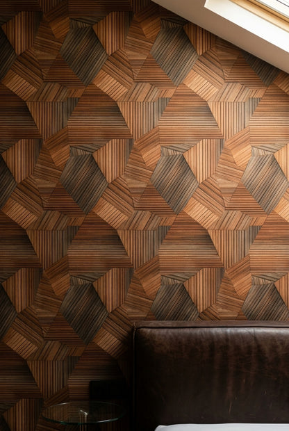 Dark Wood Wallpaper Geometric Mosaic Removable Abstract Panels Wall Double Roll