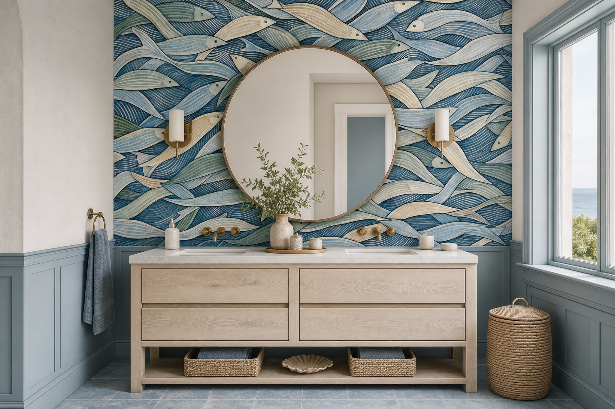 Coastal Wallpaper School Of Fish Removable Ocean Waves Wall Decor