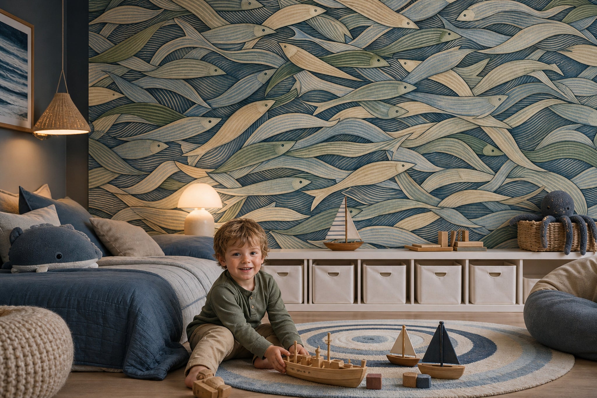 Coastal Wallpaper School Of Fish Removable Ocean Waves Wall Decor