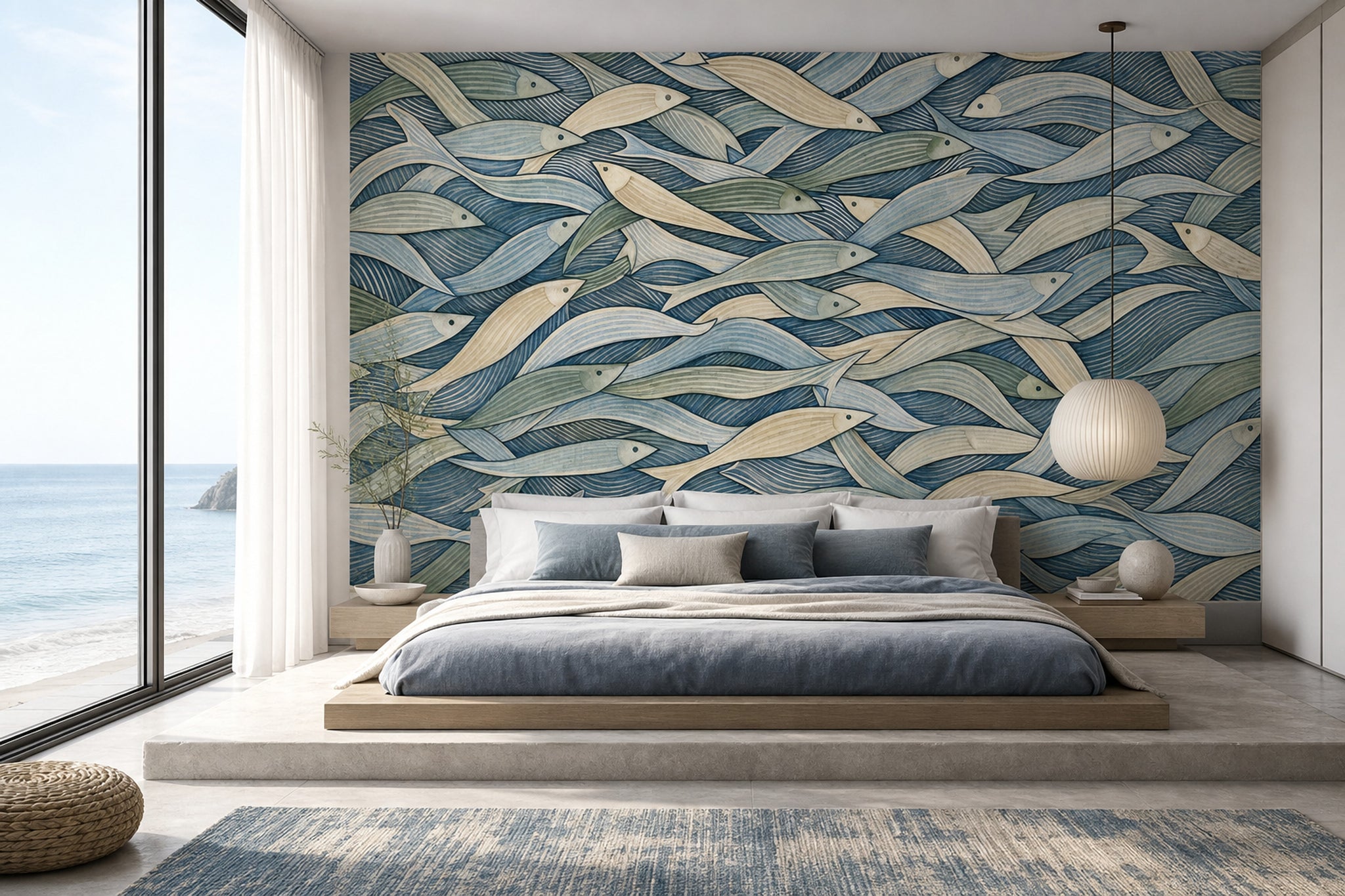 Coastal Wallpaper School Of Fish Removable Ocean Waves Wall Decor