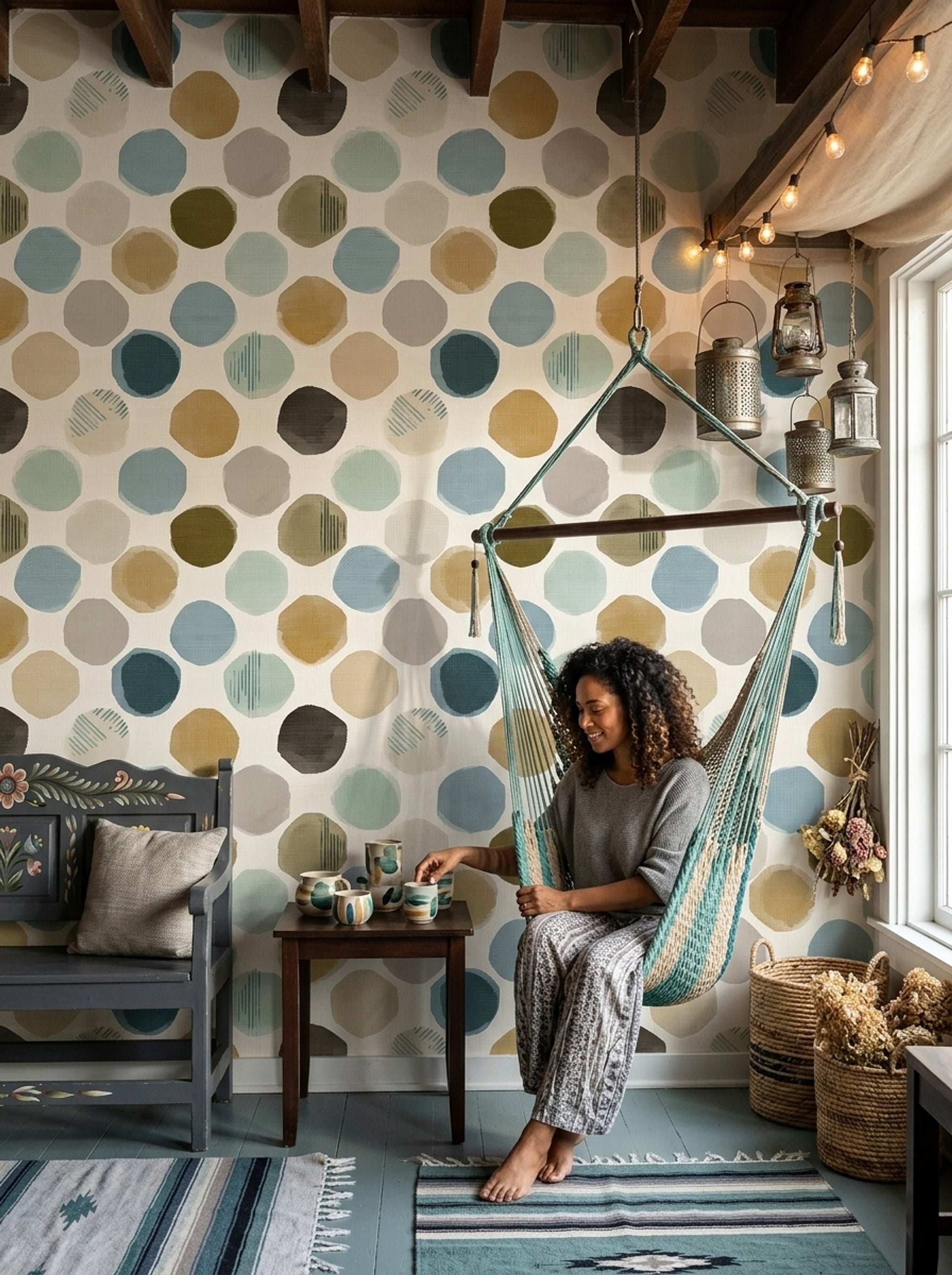 Abstract Polka Dots Wallpaper Hand Painted Circles Removable Muted Earth Tones Wall Double Roll