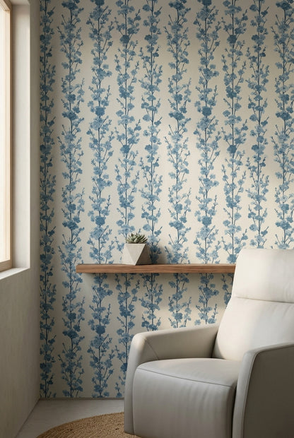 Blue Floral Wallpaper Cherry Blossom Branches Botanical Pattern Decorative Mural