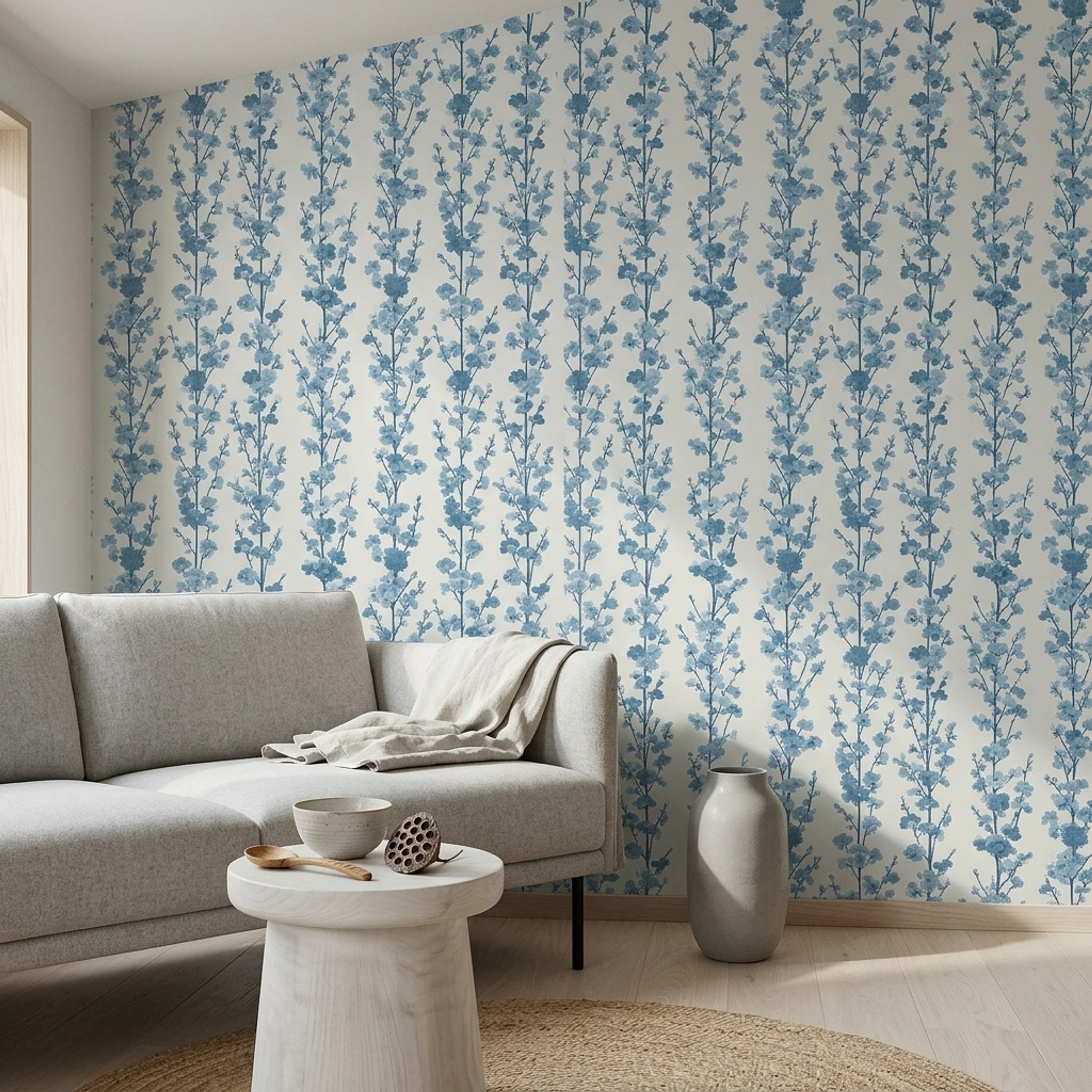 Blue Floral Wallpaper Cherry Blossom Branches Botanical Pattern Decorative Mural