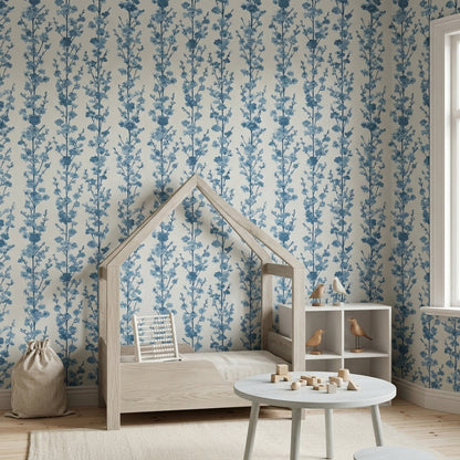 Blue Floral Wallpaper Cherry Blossom Branches Botanical Pattern Decorative Mural