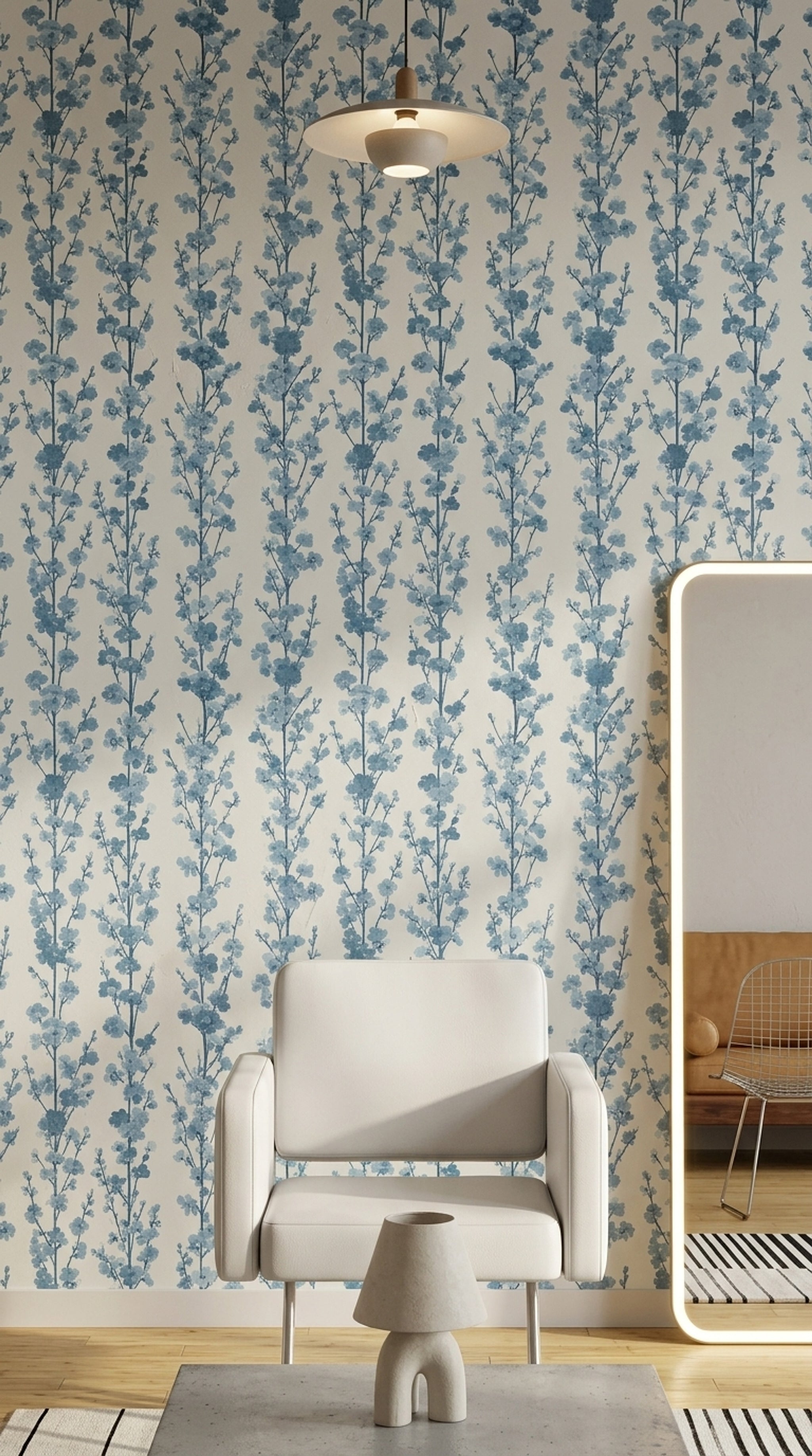 Blue Floral Wallpaper Cherry Blossom Branches Botanical Pattern Decorative Mural