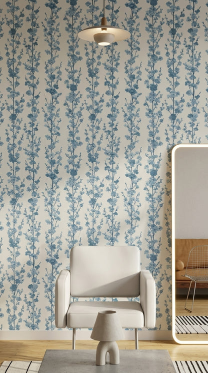 Blue Floral Wallpaper Cherry Blossom Branches Botanical Pattern Decorative Mural
