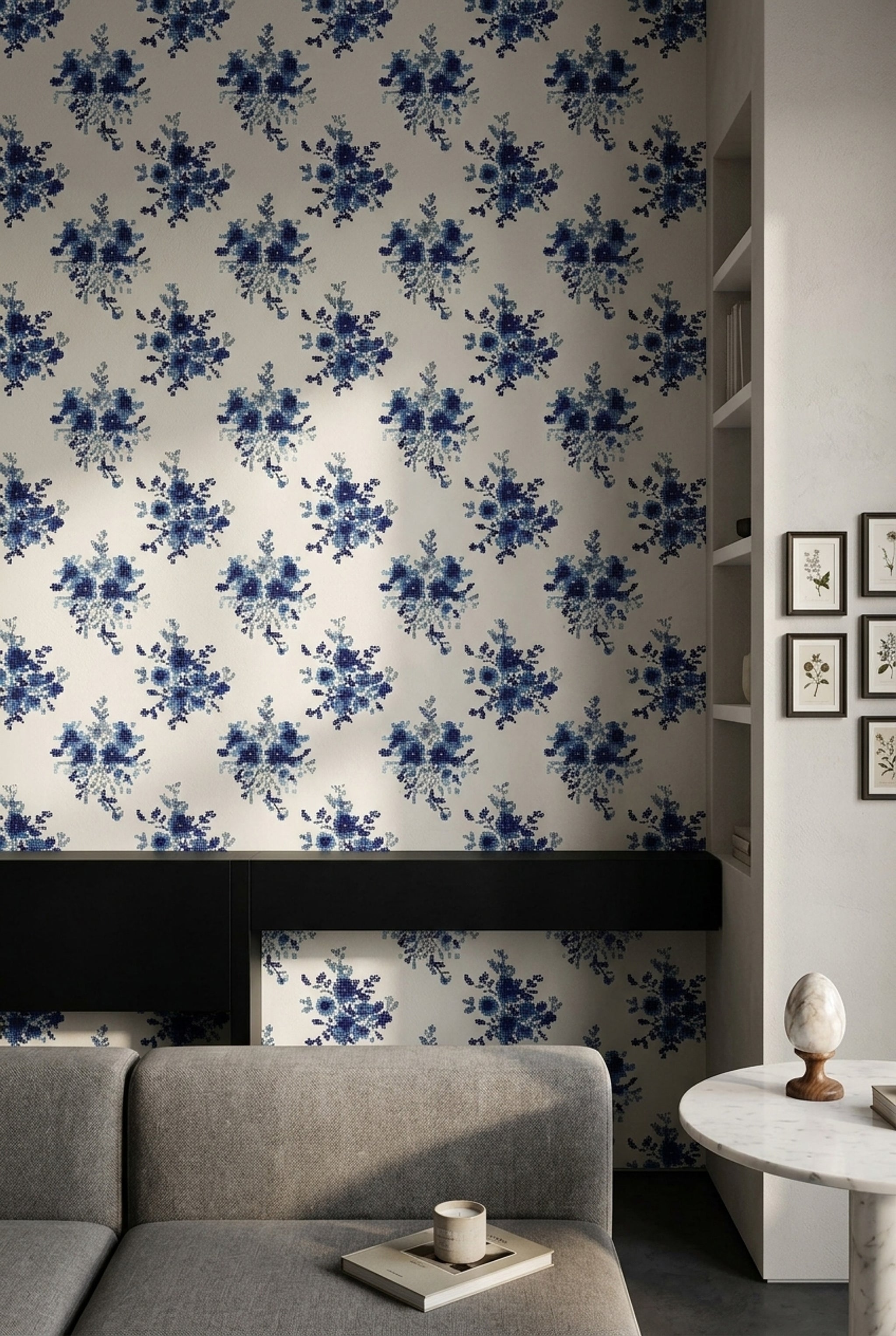 Blue Floral Wallpaper Indigo Removable Mosaic Dots Wall Double Roll