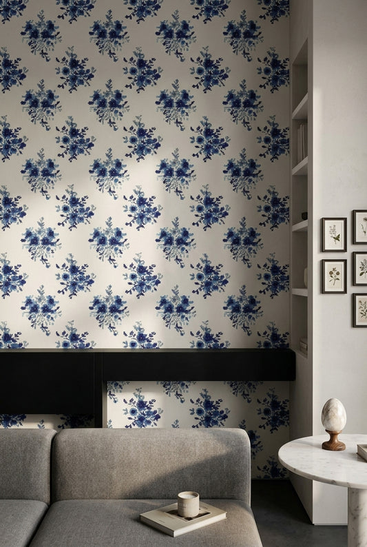 Blue Floral Wallpaper Indigo Removable Mosaic Dots Wall Double Roll