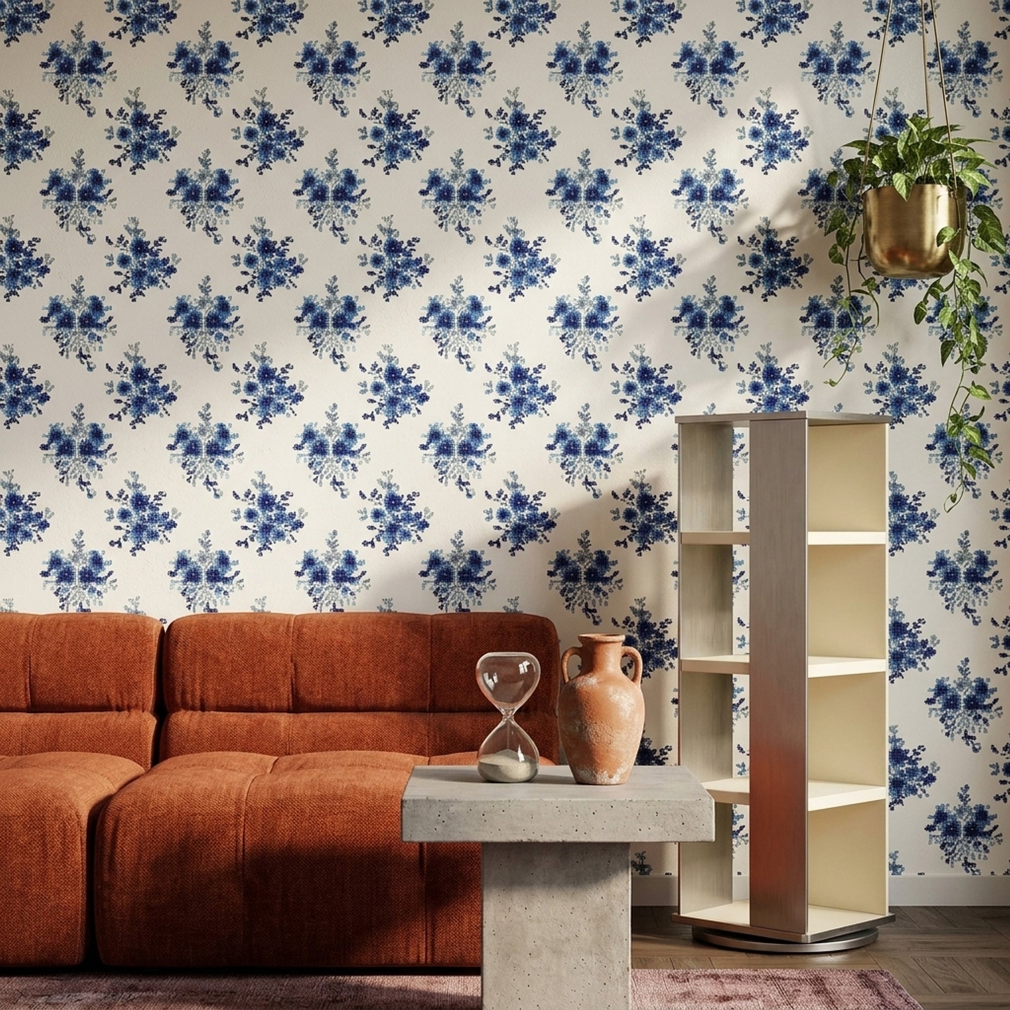 Blue Floral Wallpaper Indigo Removable Mosaic Dots Wall Double Roll