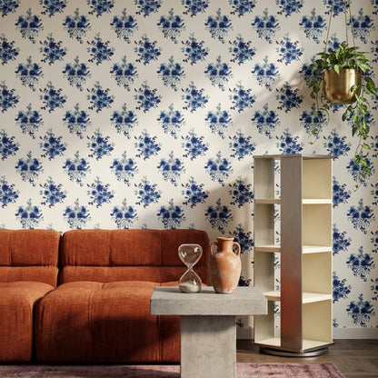 Blue Floral Wallpaper Indigo Removable Mosaic Dots Wall Double Roll