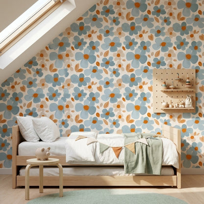 Oversized Daisies Wallpaper Dusty Blue Hand Painted Removable Wall Decor