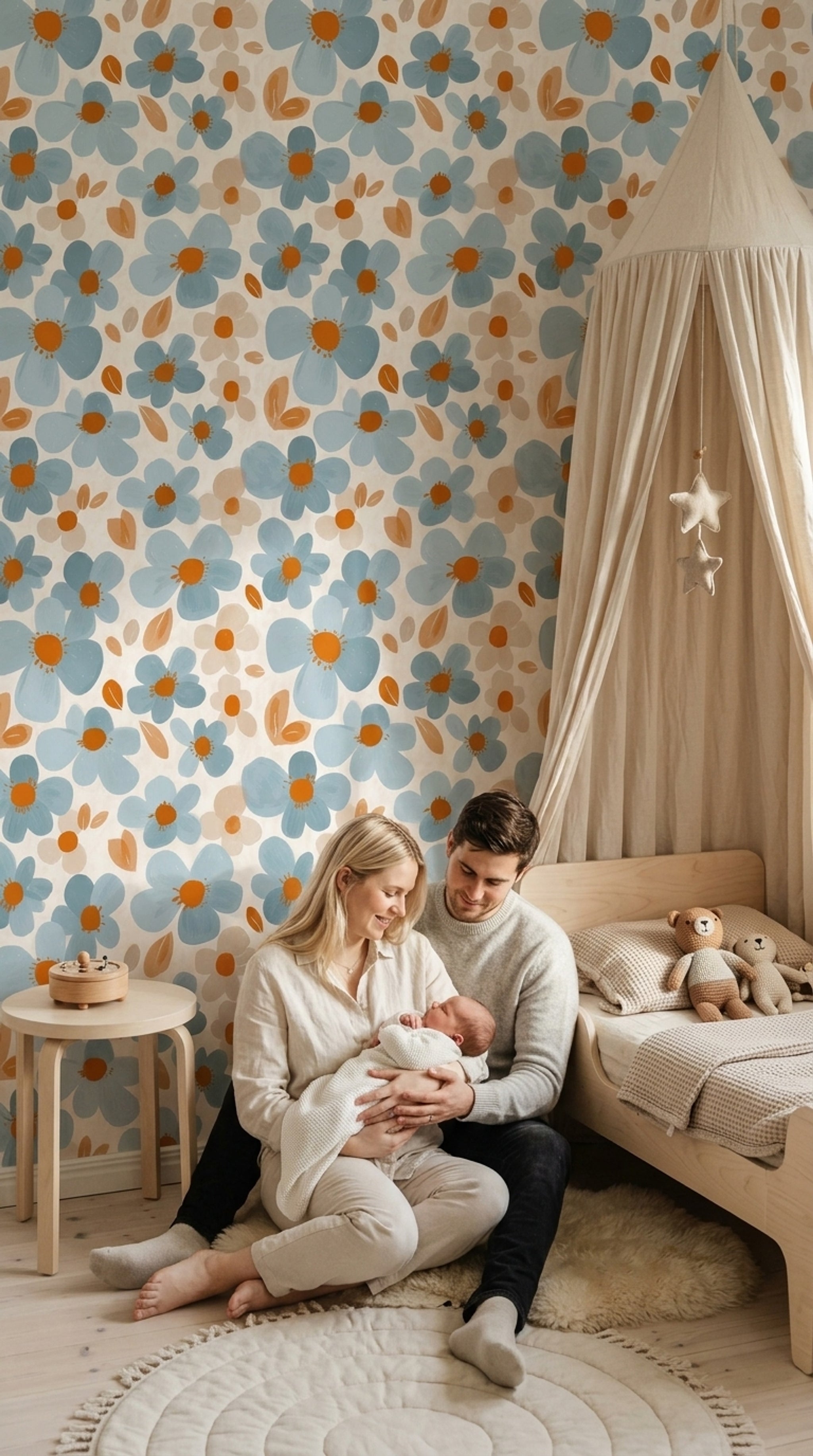 Oversized Daisies Wallpaper Dusty Blue Hand Painted Removable Wall Decor