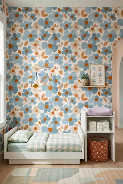 Oversized Daisies Wallpaper Dusty Blue Hand Painted Removable Wall Decor