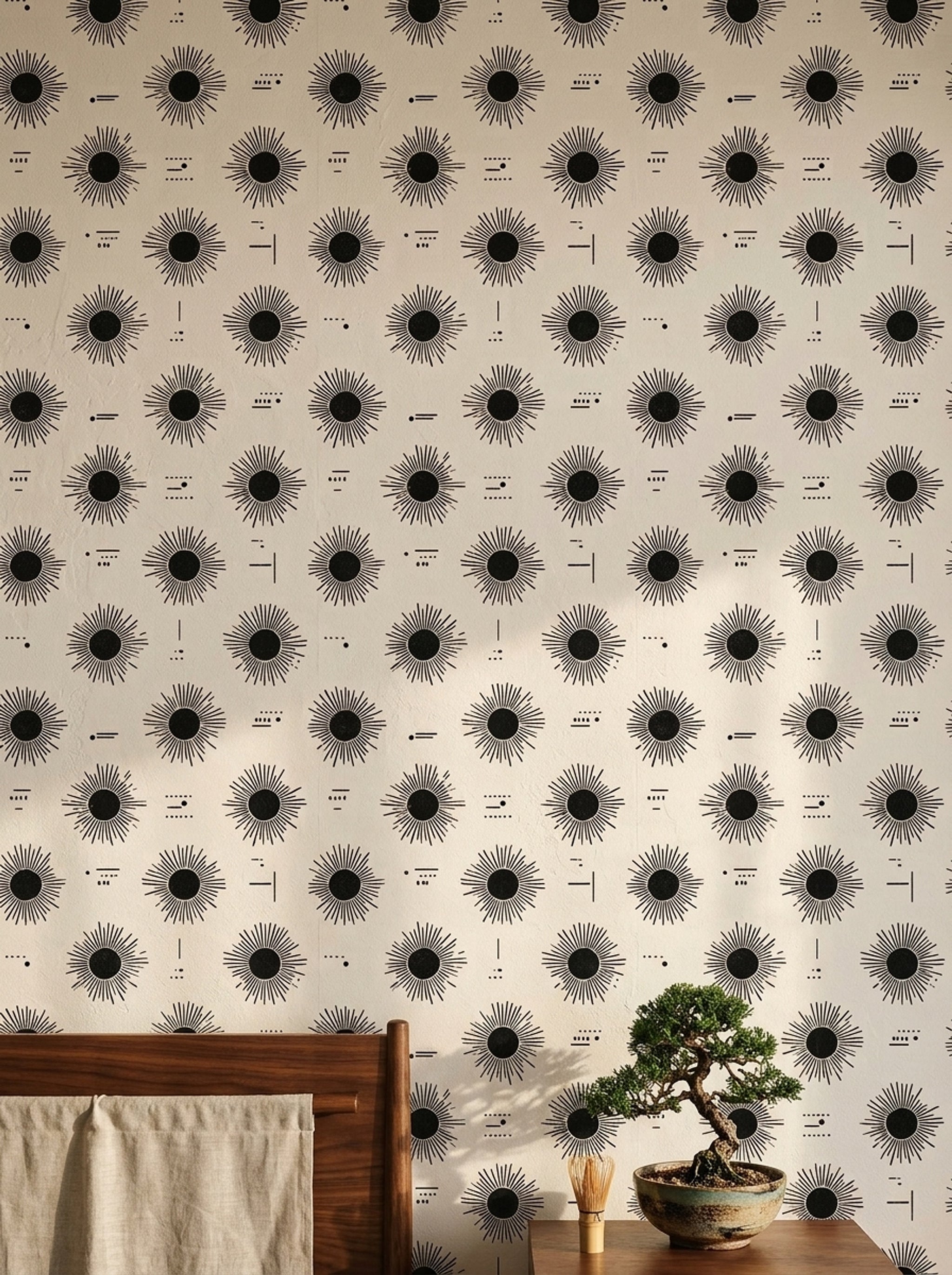 Sunburst Wallpaper Abstract Geometric Removable Black Ink Wall Double Roll